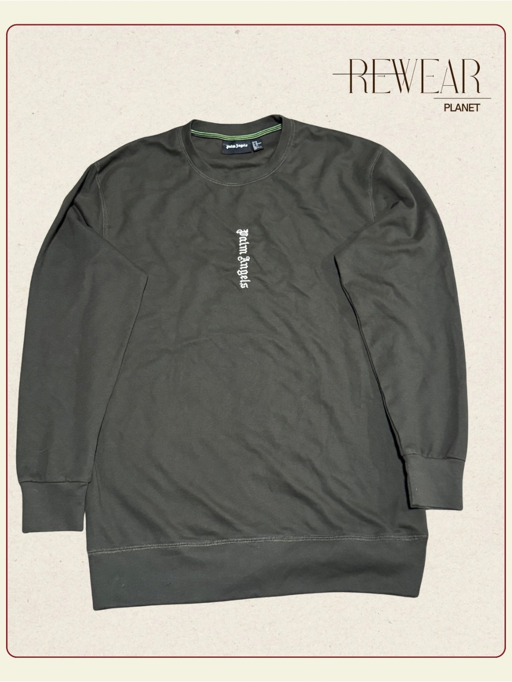 Palm Angels Vertical Logo Crewneck Sweatshirt Men’s XL Dark Olive Green 100% Cot